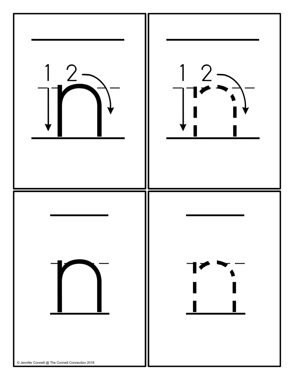 Lowercase n cards: a solid and a dashed n with 1-2 stroke arrows, plus a plain solid n and a dashed n for tracing
