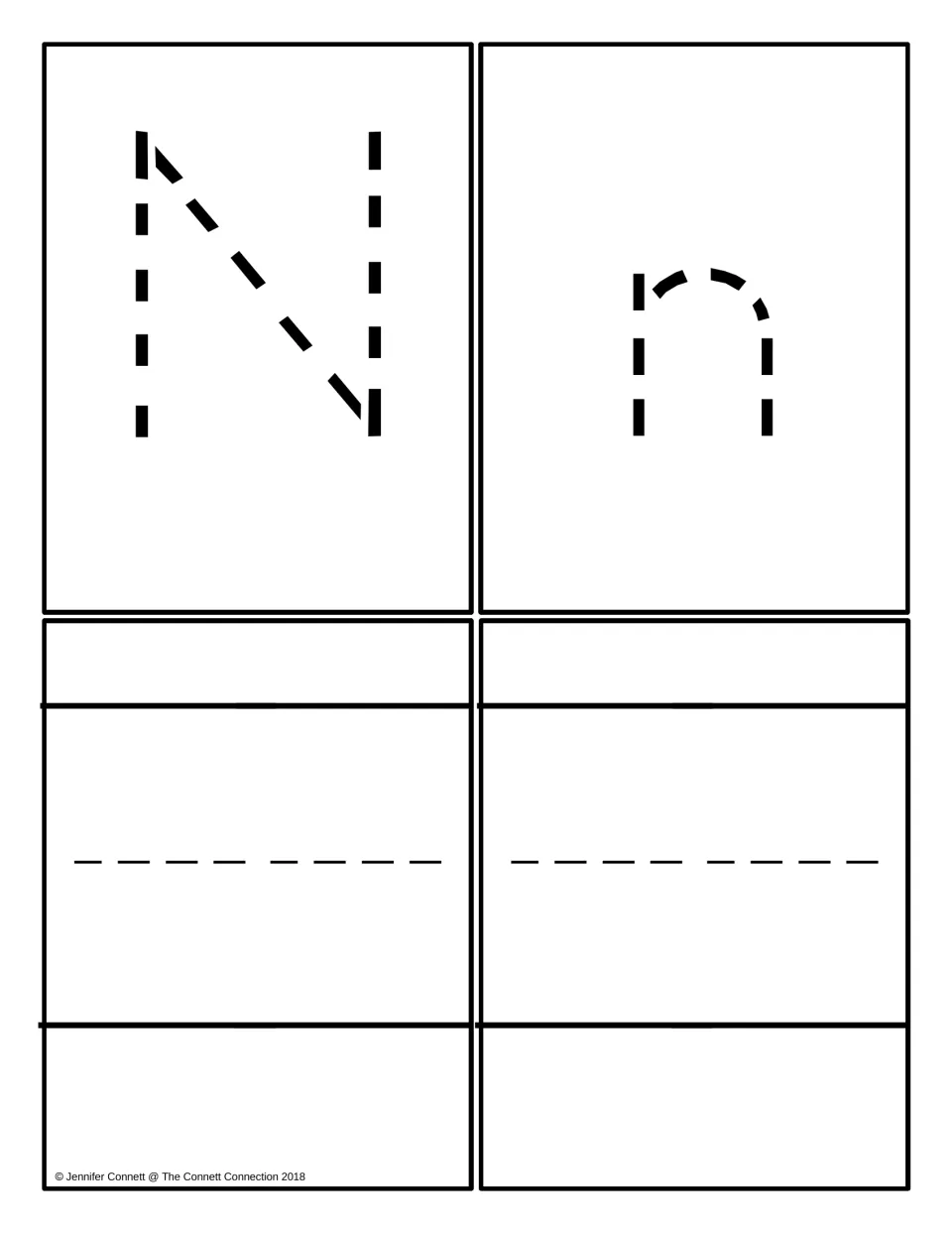 Letter N cards: a dashed uppercase N and a dashed lowercase n to trace, plus two blank cards for writing the letter freely