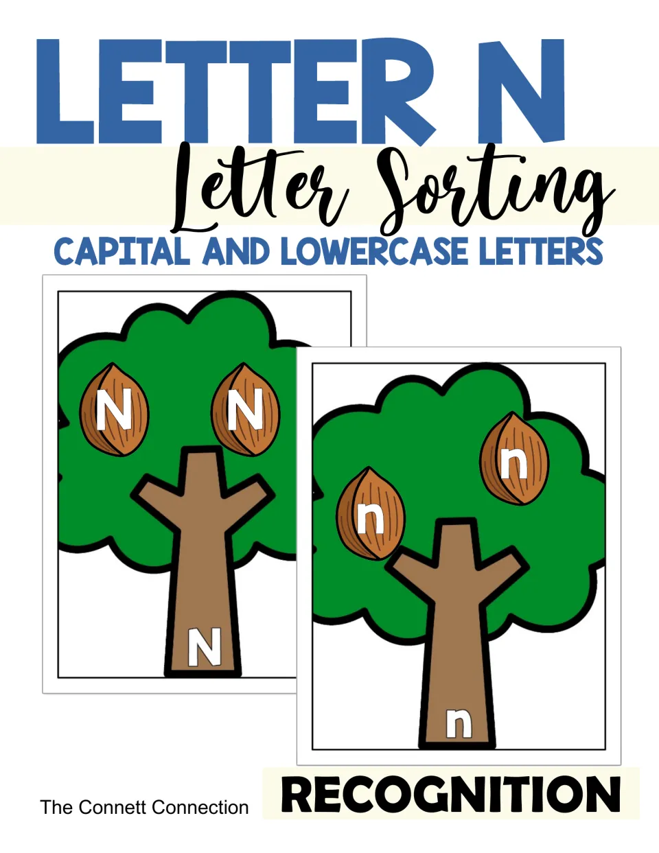Letter N Letter Sorting cover: capital and lowercase N recognition, with N and n nuts sorted onto two tree mats