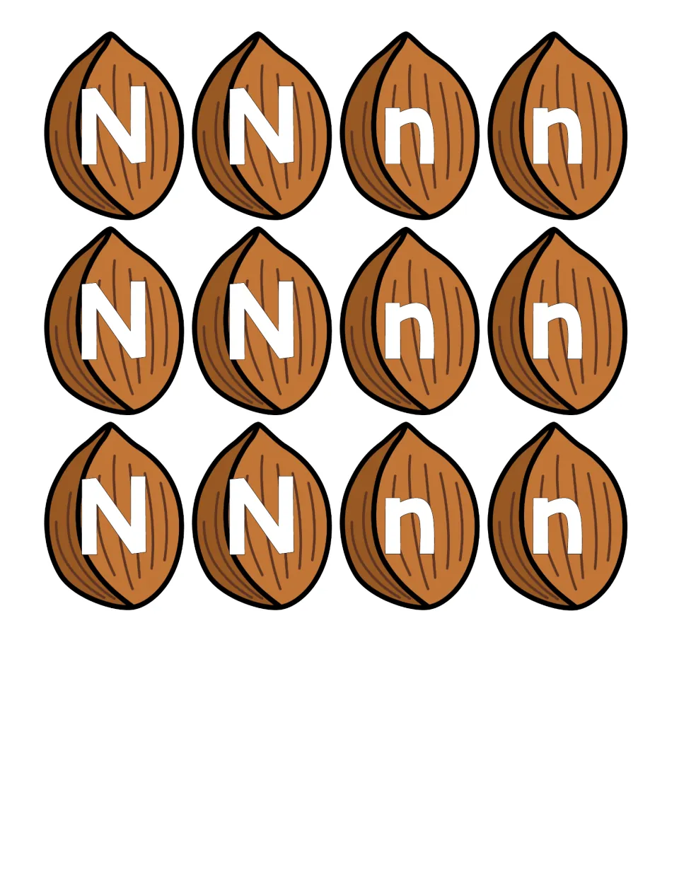 Letter N sorting cards: 12 nuts to cut out, six marked capital N and six lowercase n, for sorting by letter case