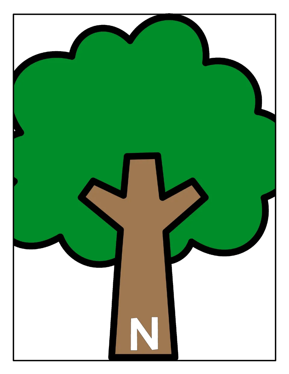 Capital N sorting mat: a tree with N on its trunk where students place the nut cards that show uppercase N