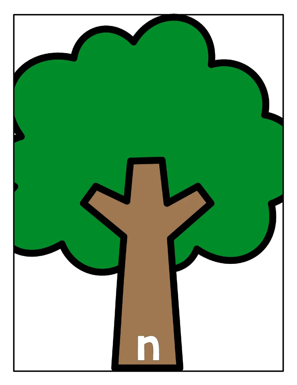Lowercase n sorting mat: a tree with n on its trunk where students place the nut cards showing lowercase n