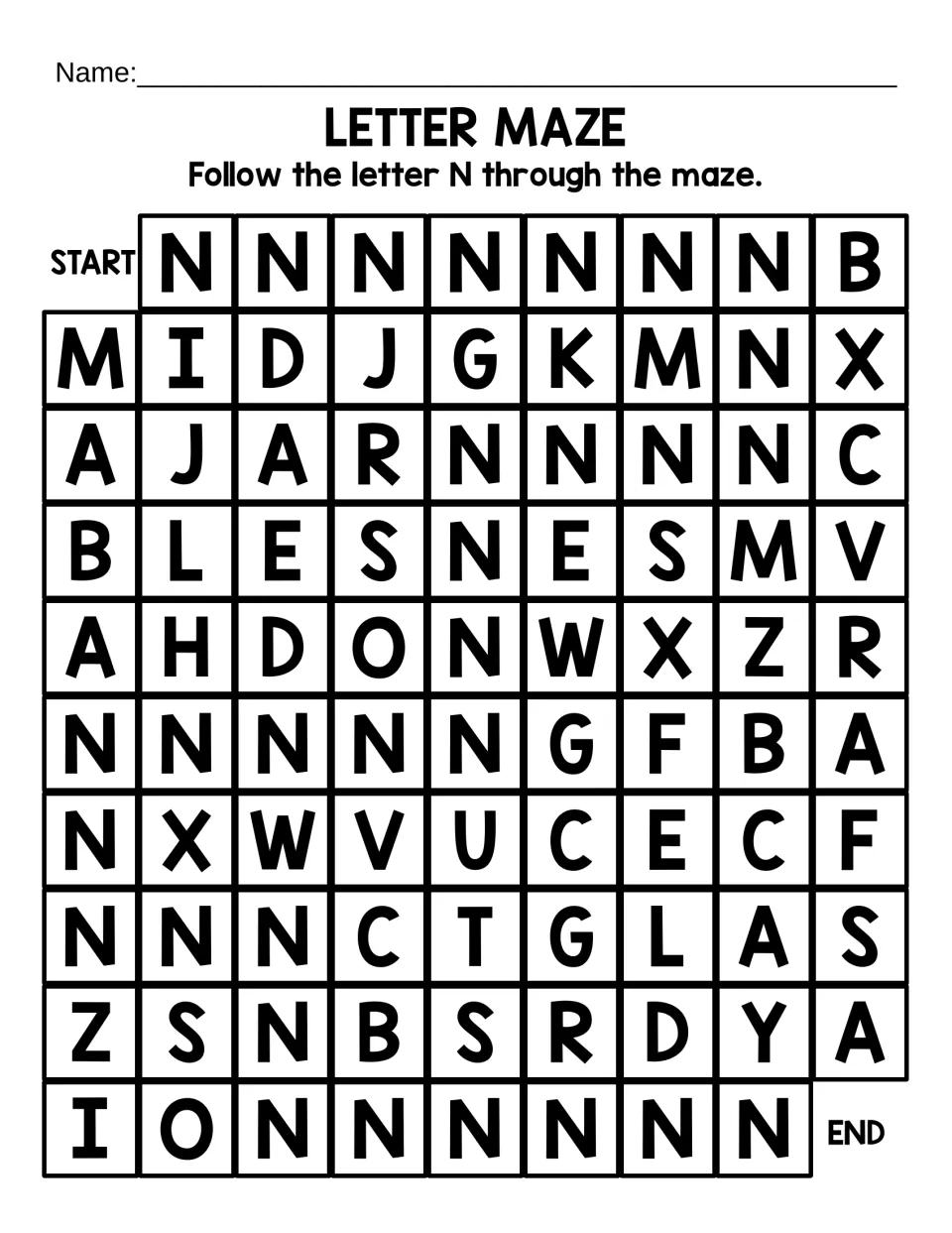 Capital N letter maze: students trace a path of N letters from START to END, passing M, X and other capitals