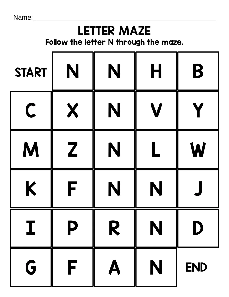 Short uppercase N maze: students follow N letters from START to END along a brief path past H, V and other capitals