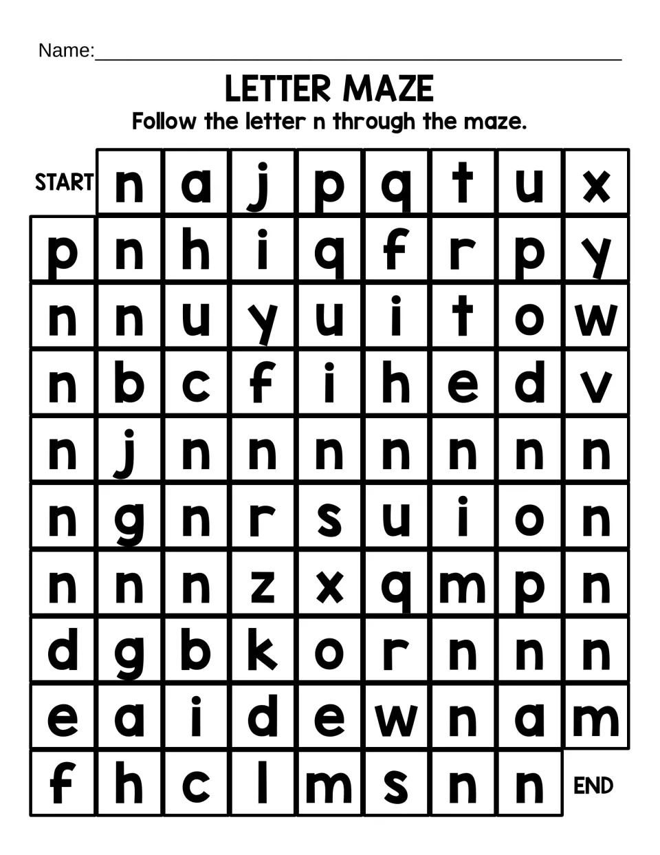 Lowercase n letter maze: students trace a winding path of n letters from START to END past look-alikes like m and h