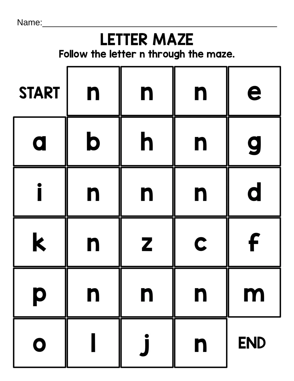 Short lowercase n maze: students follow n letters from START to END along a brief path past b, h, z and other letters
