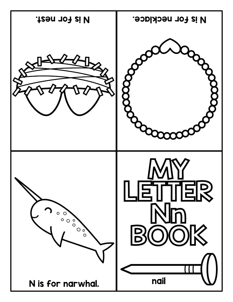 Letter N foldable mini book: My Letter Nn Book cover with a nail, then narwhal, necklace and nest pages to color and read