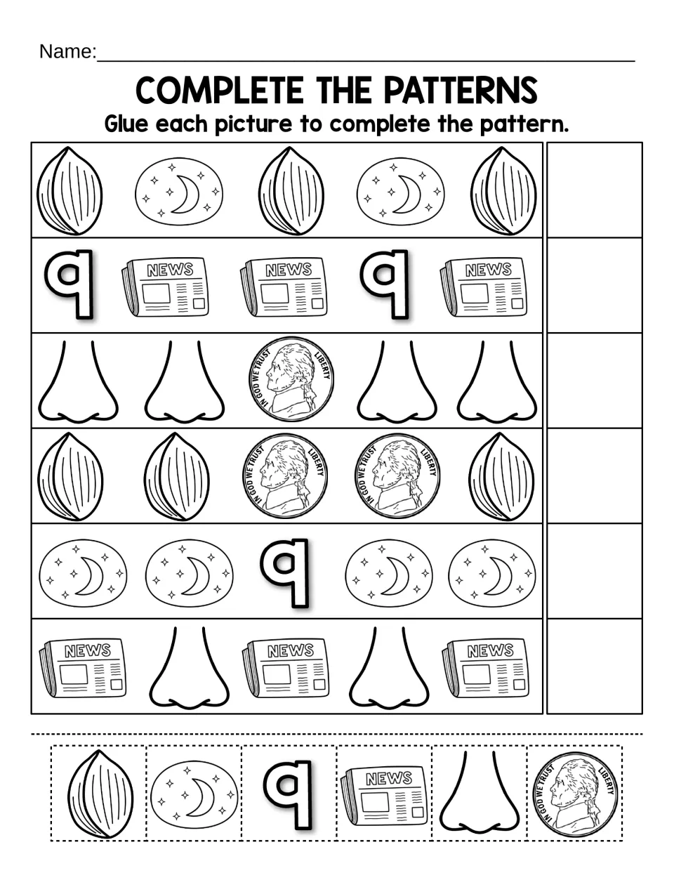 Complete the patterns: students glue nut, moon, 9, newspaper, nose and nickel pictures to finish six letter N patterns