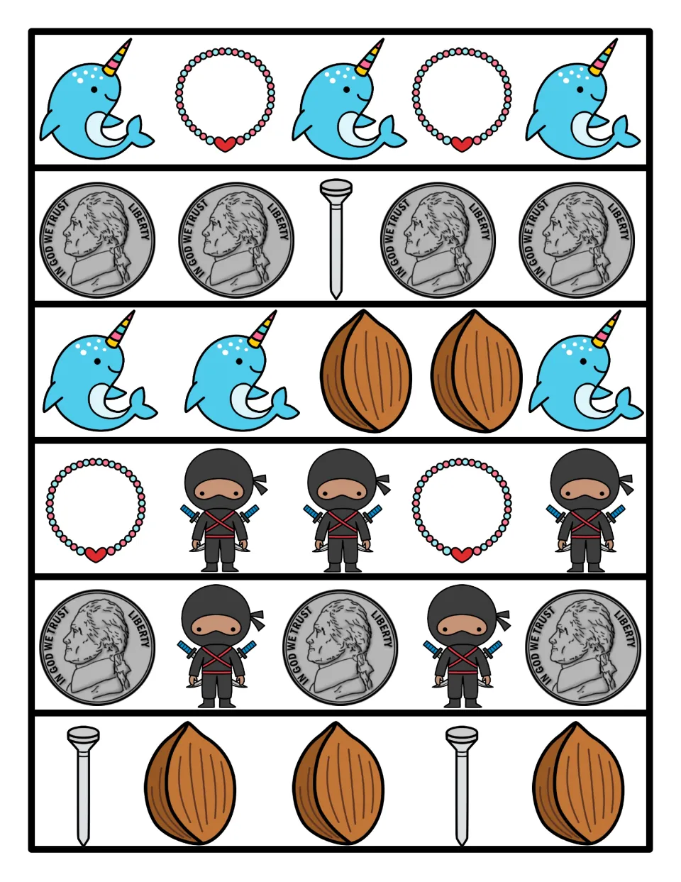 N pattern strips: six rows of narwhals, necklaces, nickels, nails, nuts and ninjas repeating for students to extend