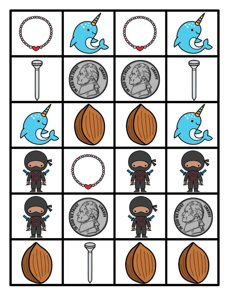 Color N picture cards to cut out: necklaces, narwhals, nails, nickels, nuts and ninjas for building and extending patterns