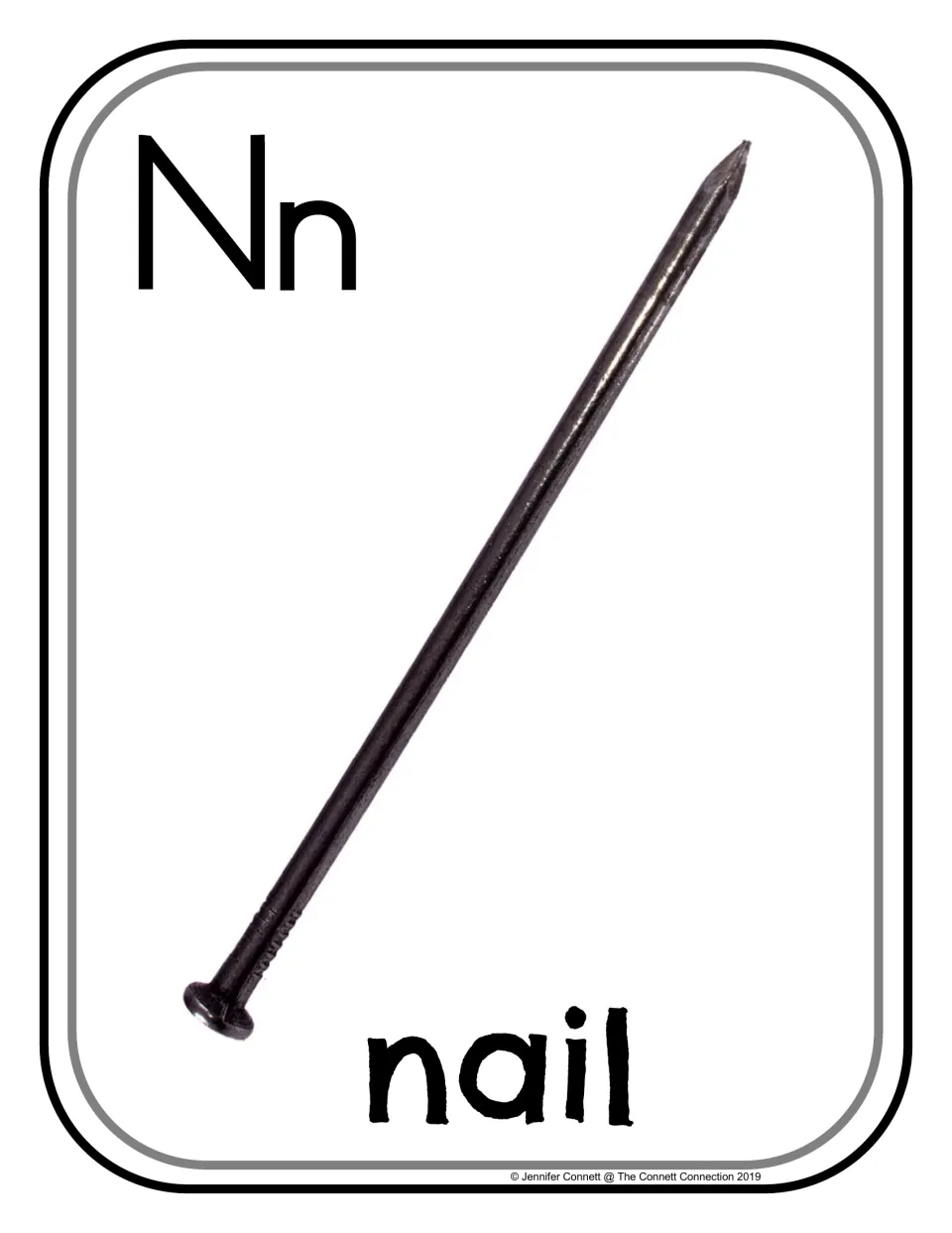 Letter N photo poster/card featuring uppercase N, lowercase n, and the word 'nail' beneath a metal nail