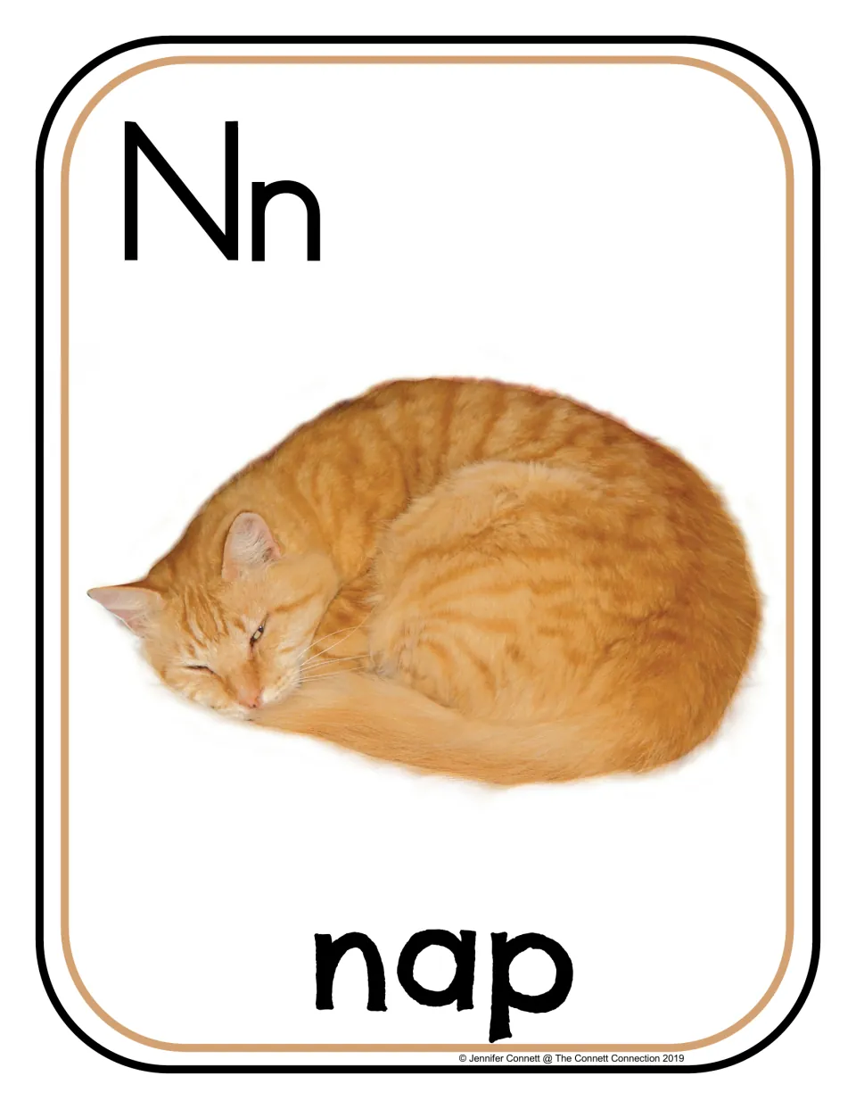 Letter N photo poster/card featuring uppercase N, lowercase n, and the word 'nap' beneath a sleeping cat