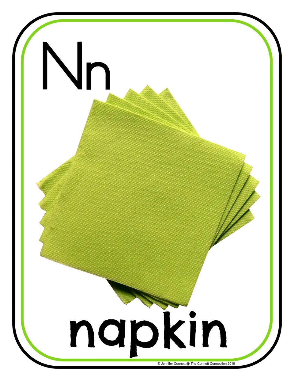 Letter N photo poster/card featuring uppercase N, lowercase n, and the word 'napkin' with green napkins