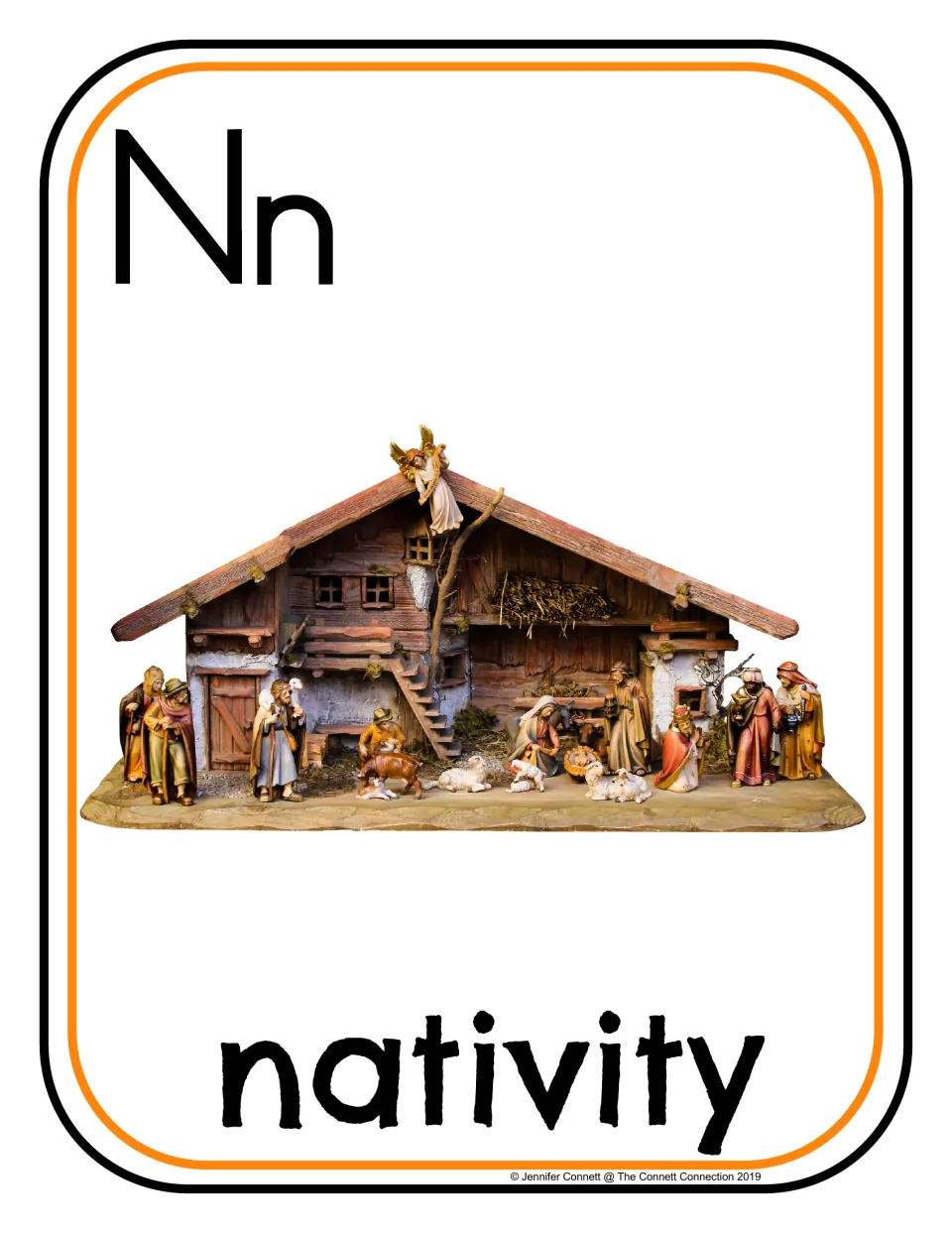 Letter N photo poster/card featuring uppercase N, lowercase n, and the word 'nativity' with a nativity scene