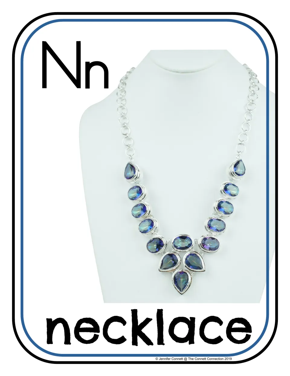 Letter N photo poster/card featuring uppercase N, lowercase n, and the word 'necklace' with a jeweled necklace