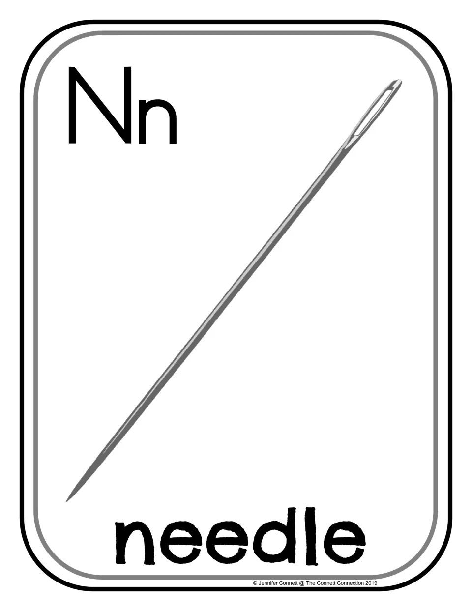 Letter N photo poster/card featuring uppercase N, lowercase n, and the word 'needle' with a sewing needle