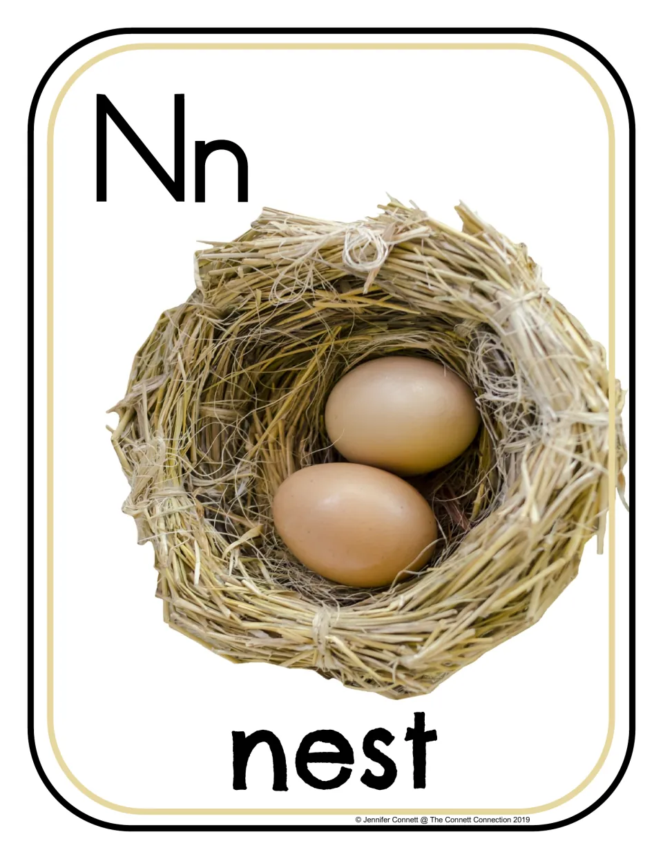 Letter N photo poster/card featuring uppercase N, lowercase n, and the word 'nest' with two eggs in a nest