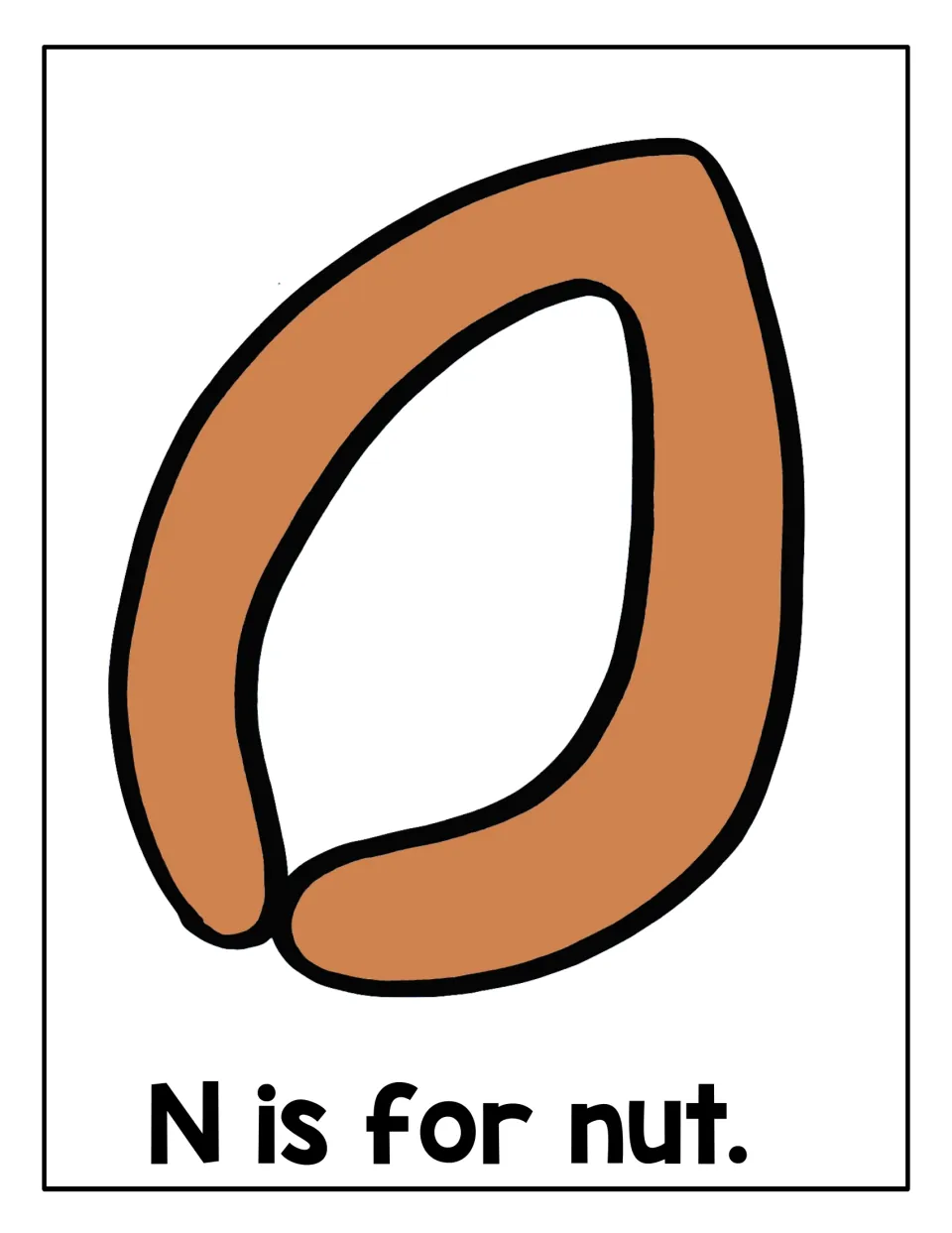 "N is for nut" mat: students roll playdough to cover a large brown nut-shaped outline and connect the word nut to N