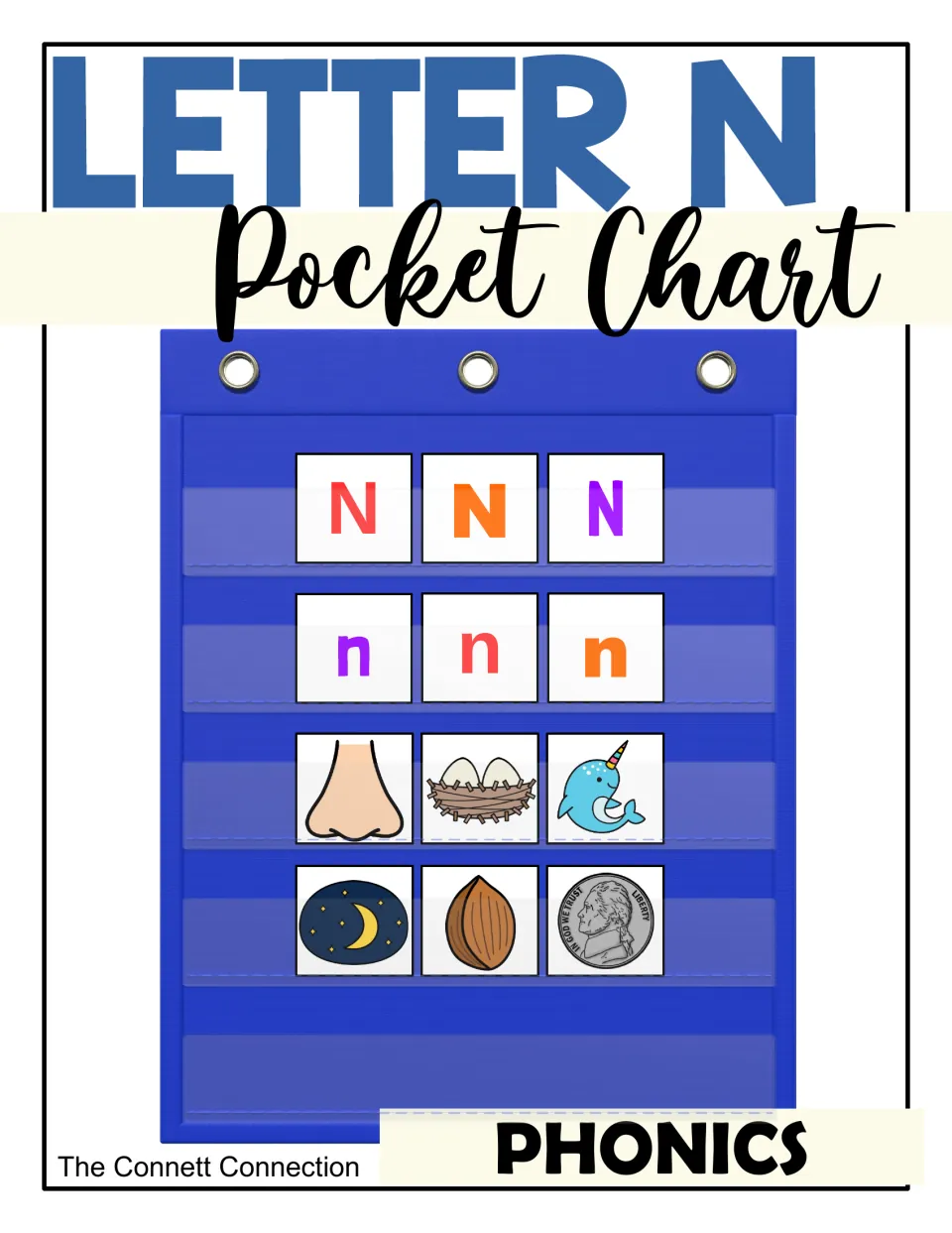 Letter N pocket chart cover: blue chart holding colored N and n cards with nose, nest, narwhal, night, nut and nickel