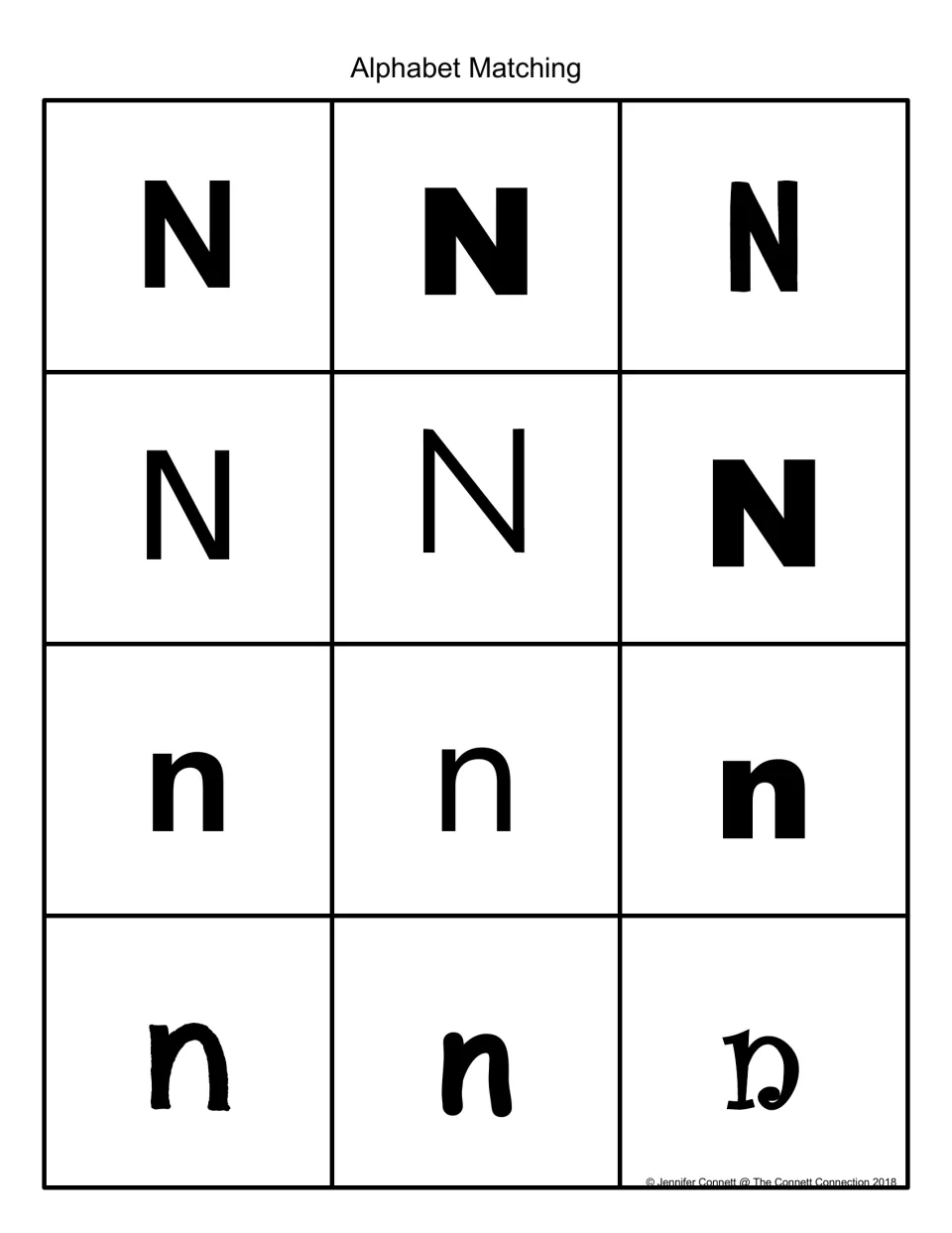Alphabet Matching: 12 black-and-white cards showing uppercase N and lowercase n in different fonts to sort and match