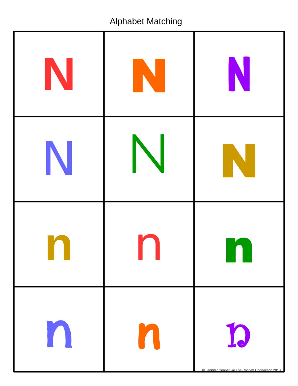 Alphabet Matching in color: 12 cards with uppercase N and lowercase n in red, orange, purple, blue, green and gold fonts
