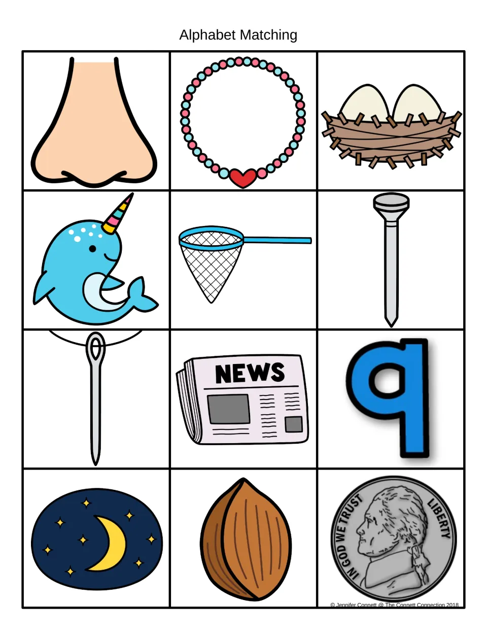 Beginning sound N picture cards: nose, necklace, nest, narwhal, net, nail, needle, newspaper, night, nut, nickel