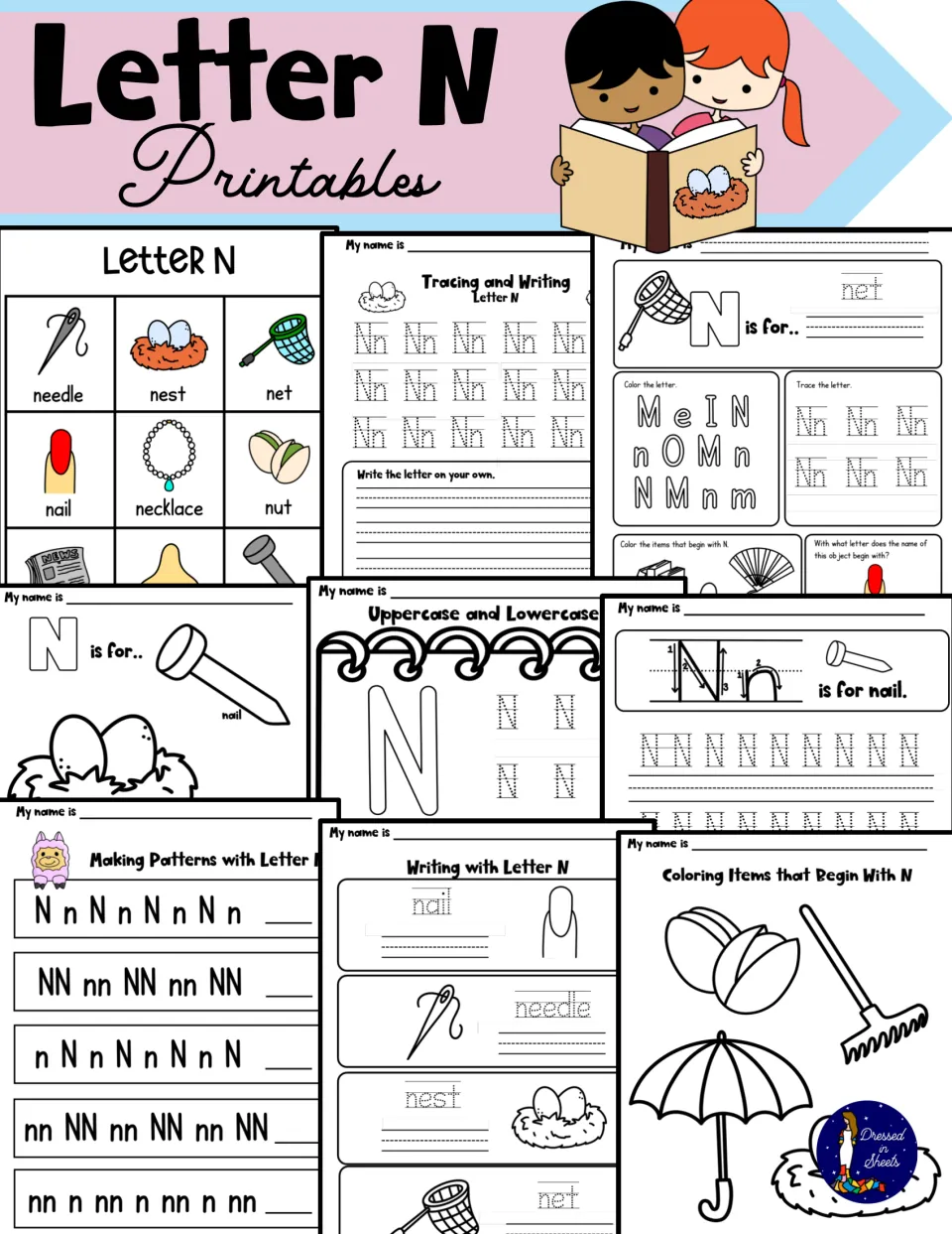 Letter N Printables cover showing N picture cards, tracing pages, N is for pages, a pattern page and N coloring items
