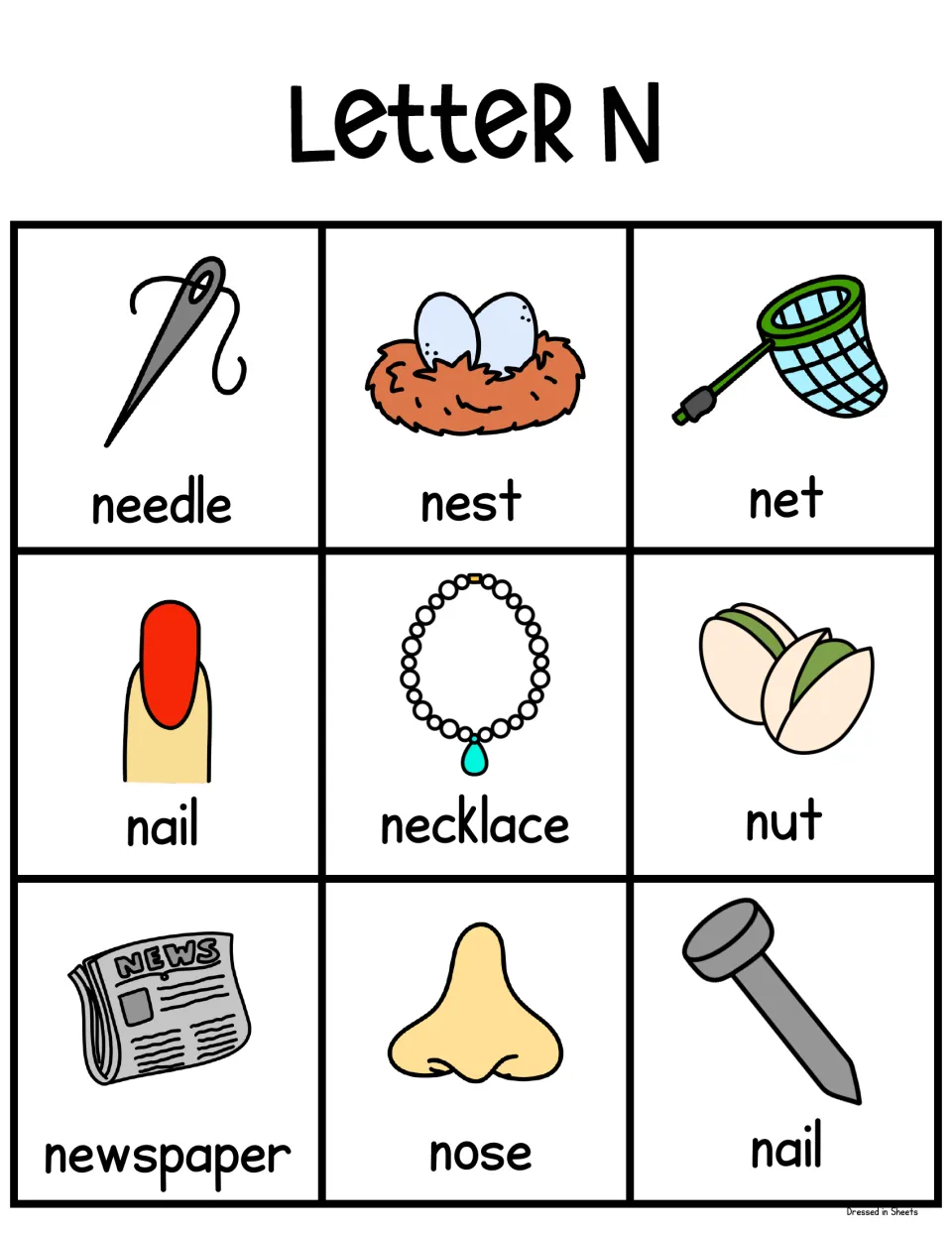 Letter N picture cards: needle, nest, net, nail, necklace, nut, newspaper, nose and nail, each labeled with its word