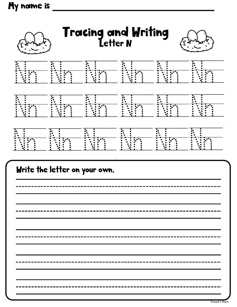 Tracing and Writing Letter N: students trace 18 dotted Nn pairs, then write the letter on their own on handwriting lines