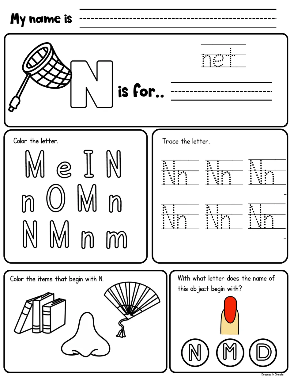 N is for net: students trace net, color the N letters, trace Nn, color N items and pick the first letter of nail