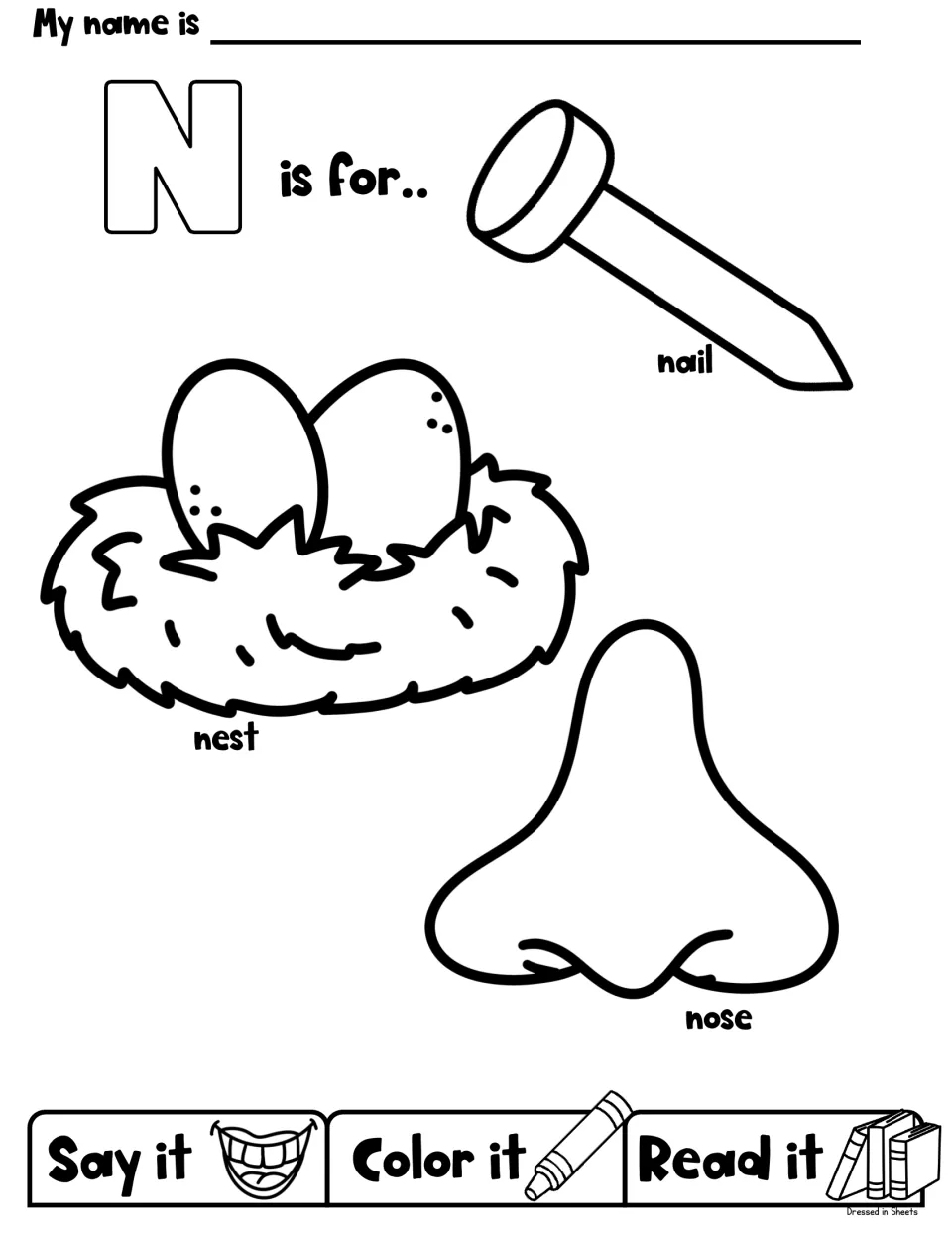 N is for nail, nest and nose: students say each labeled word, color the outlined pictures and read the words