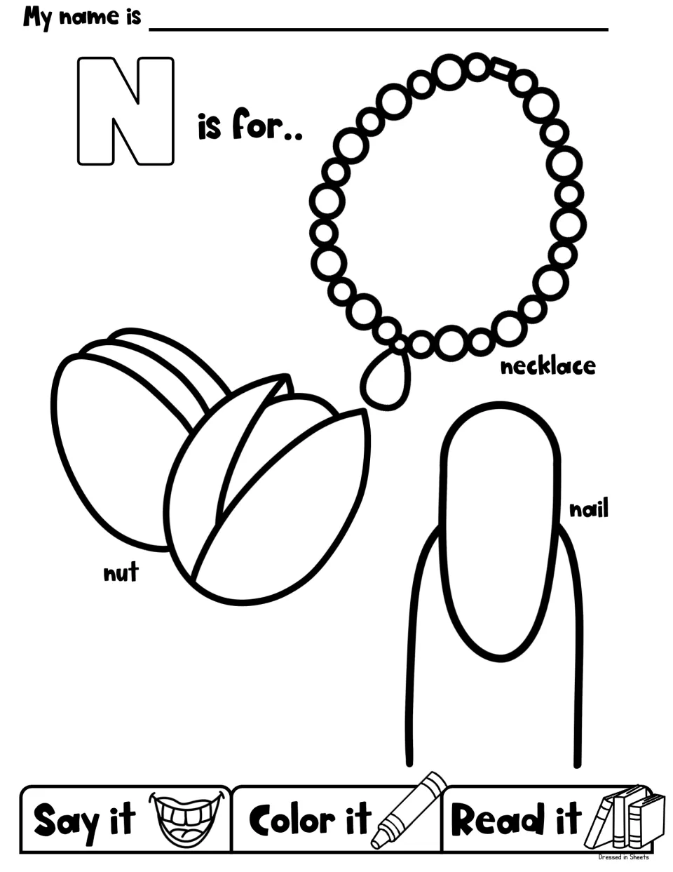 N is for necklace, nut and nail: students say each word, color the outlined pictures and read the labels