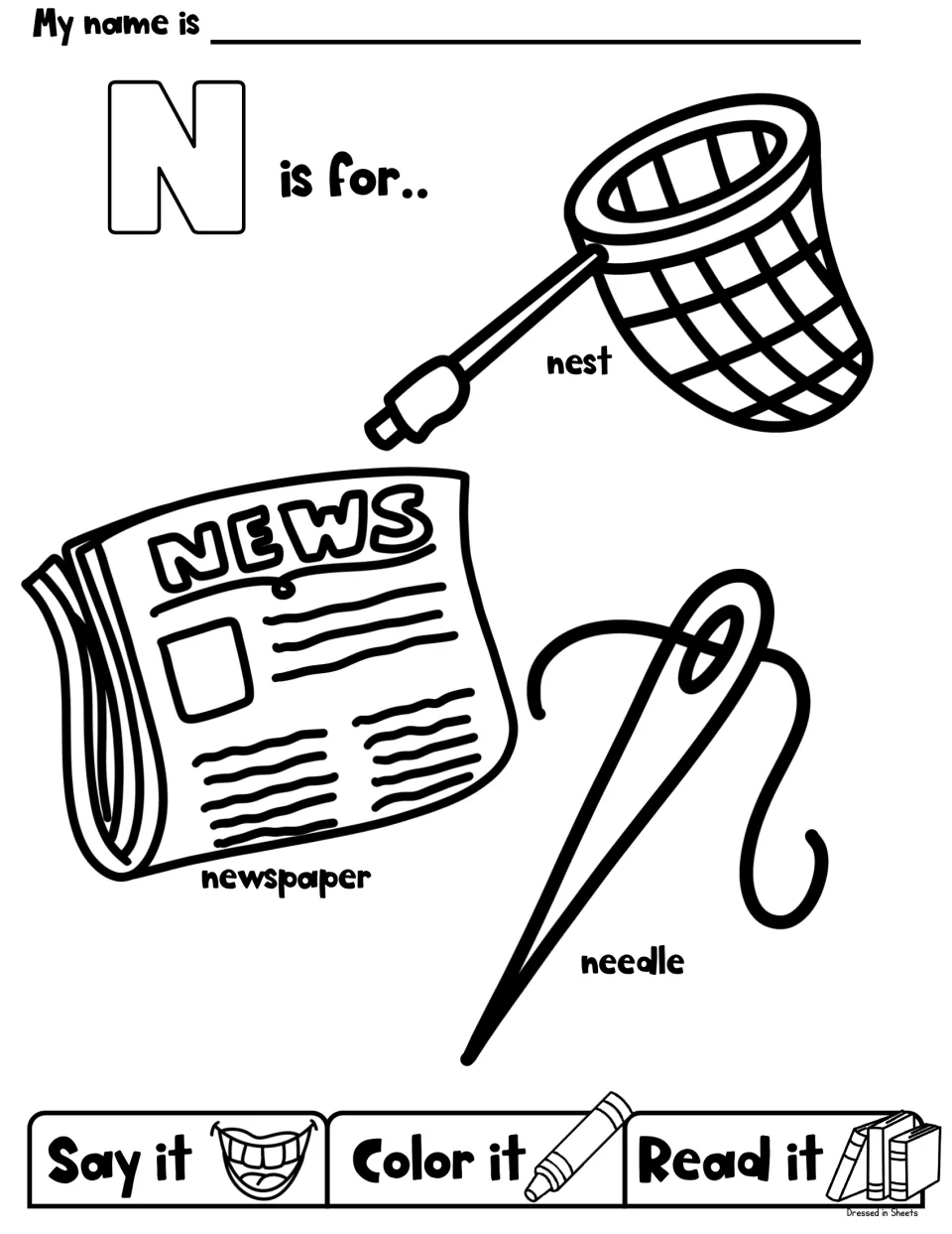 N is for net, newspaper and needle: students say each word, color the pictures and read labels; net is labeled nest