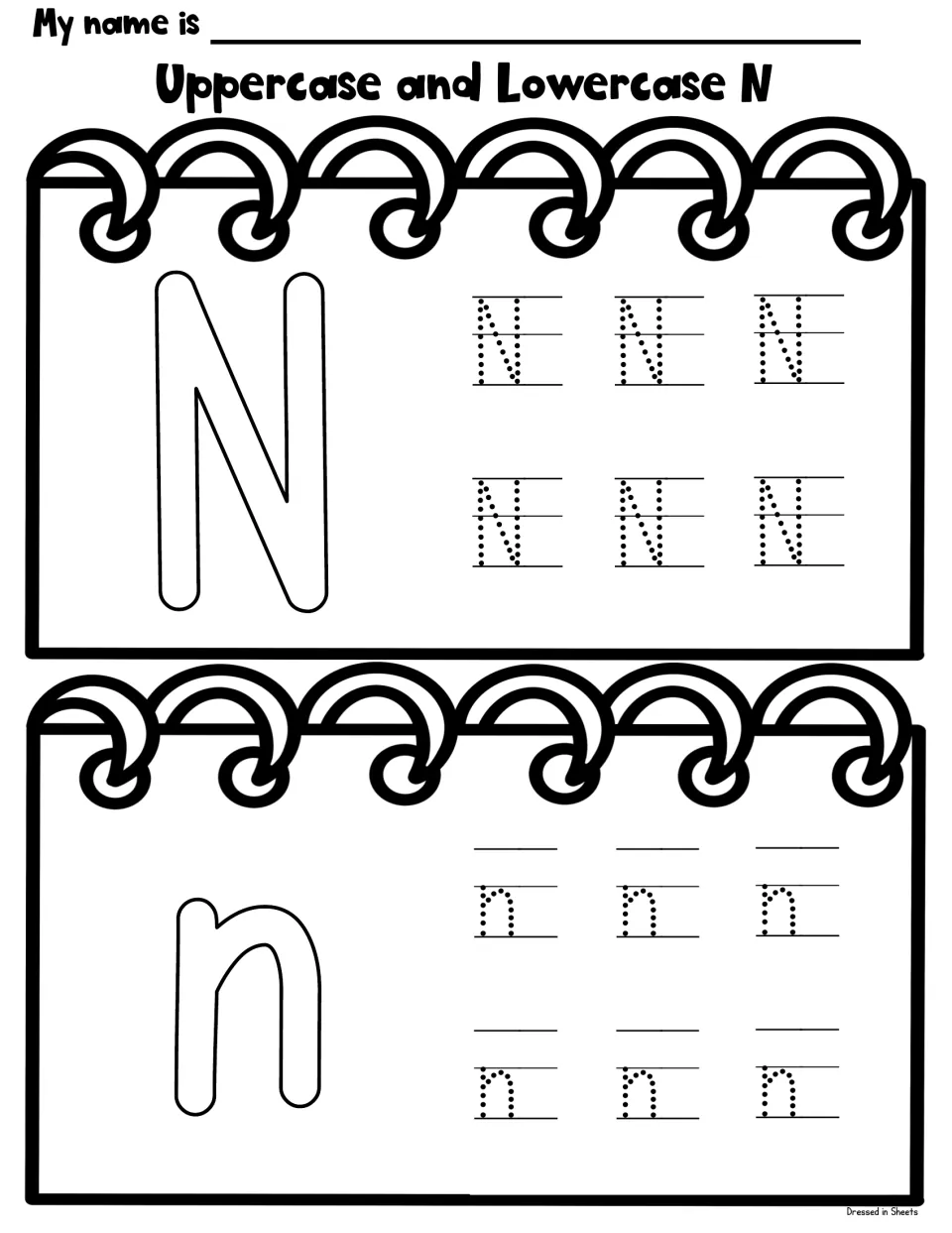 Uppercase and Lowercase N: a large outlined N and n beside six dotted capital N and six lowercase n to trace