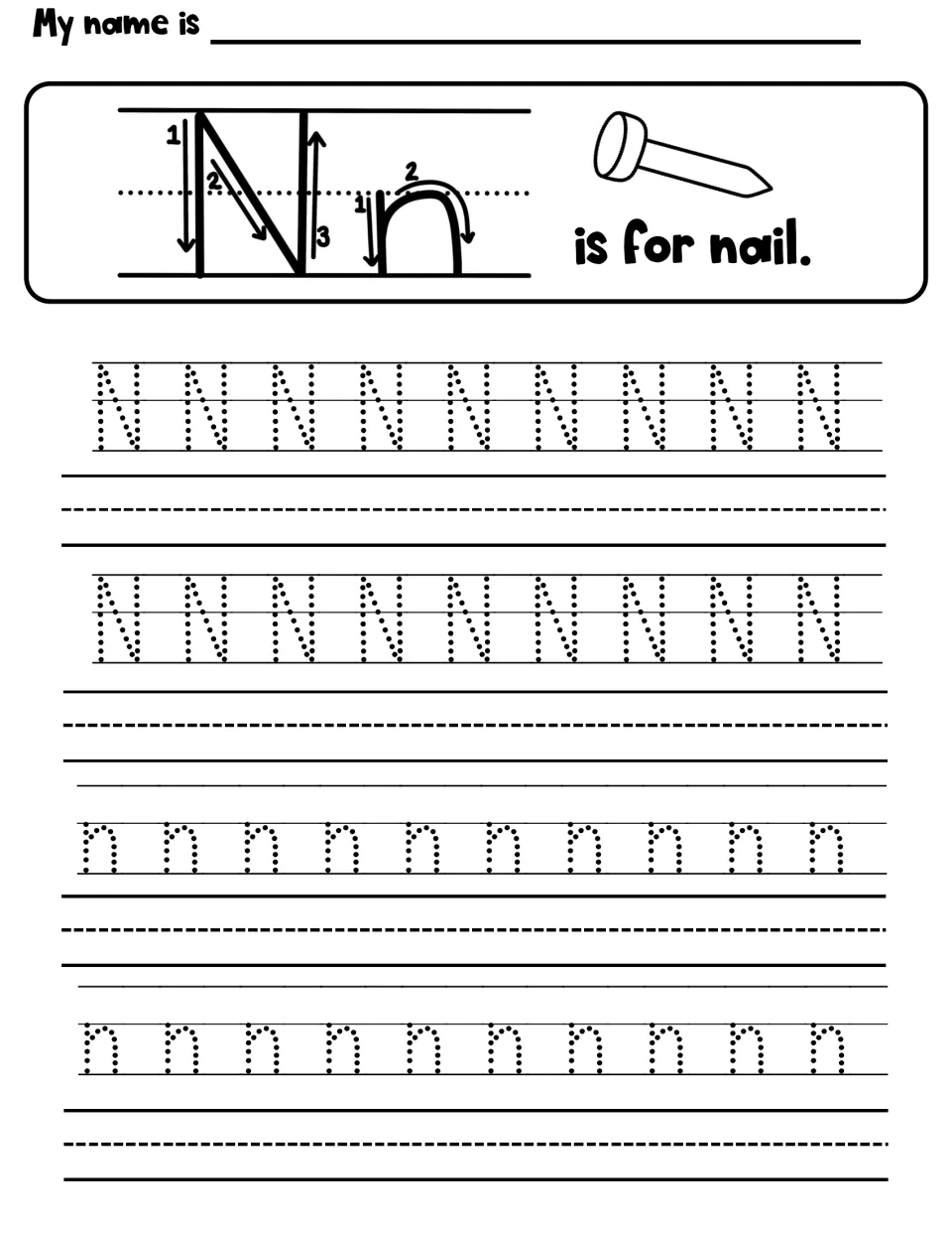N is for nail: numbered stroke arrows model N and n, then students trace rows of dotted N and n and copy them below