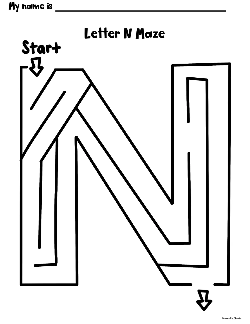 Letter N Maze: students find a path through a large N shape from the Start arrow to the exit arrow at the bottom