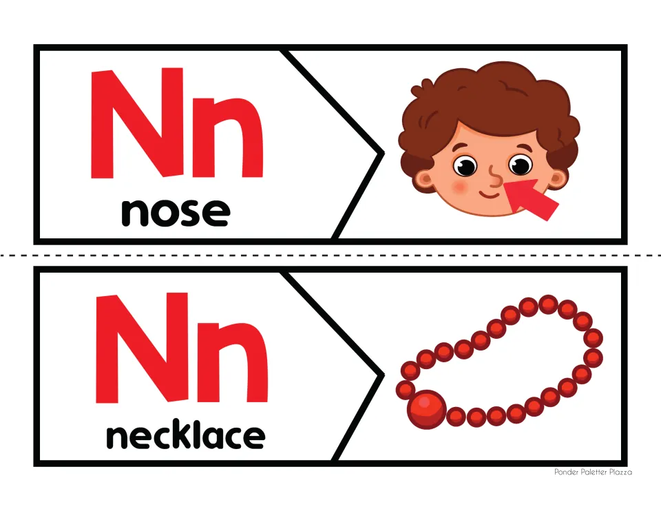 Letter N beginning sound puzzles: students cut and match Nn pieces to pictures of a nose and a necklace