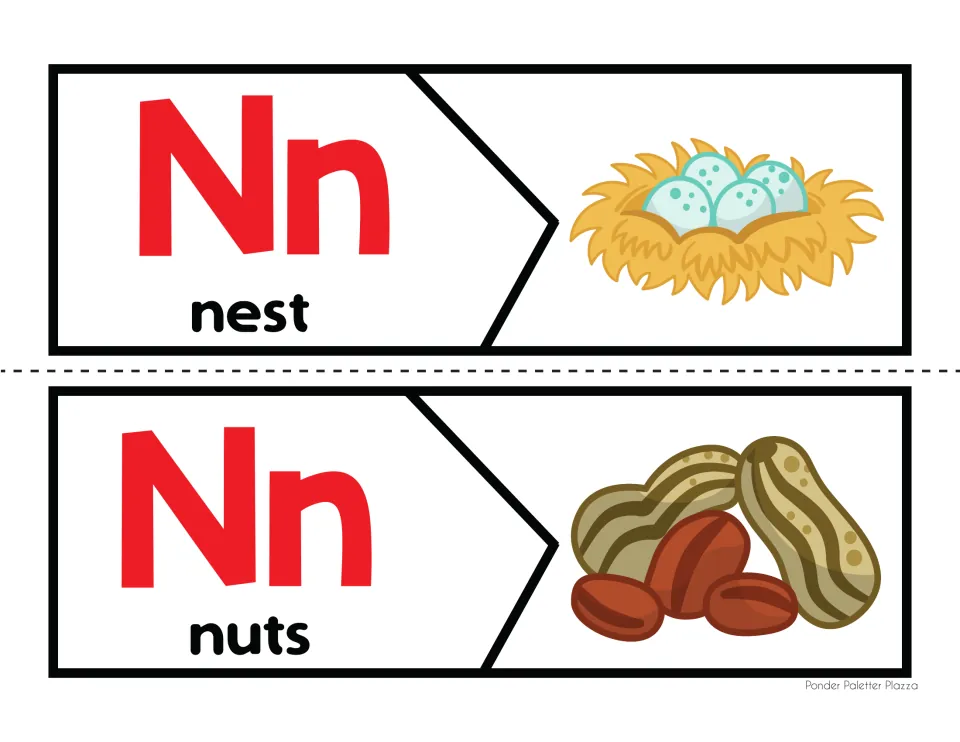 N sound matching: two 2-piece puzzles pair the letter Nn with a nest of eggs and a pile of nuts for cutting apart