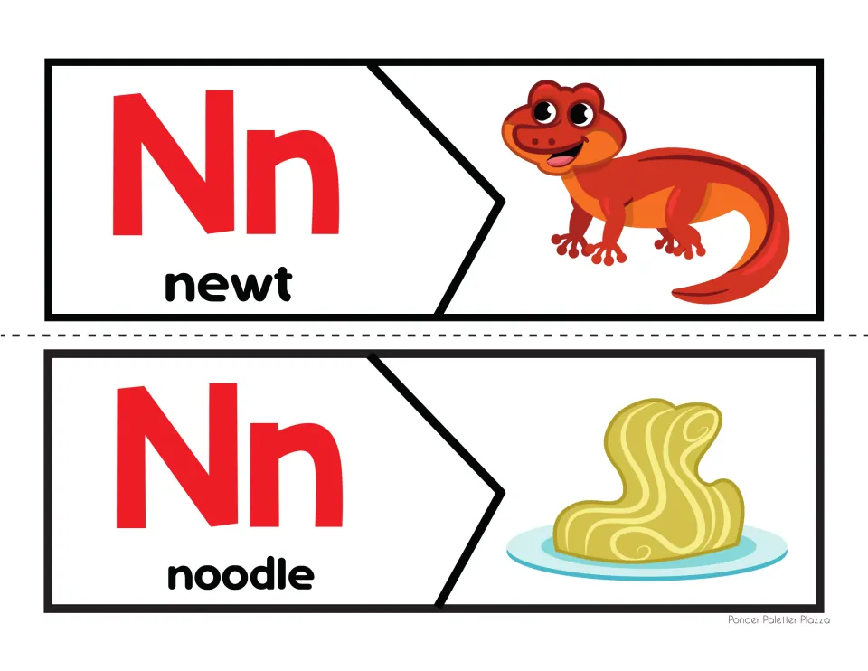 Initial /n/ sound puzzles: students join Nn letter pieces with pictures of a newt and a plate of noodles