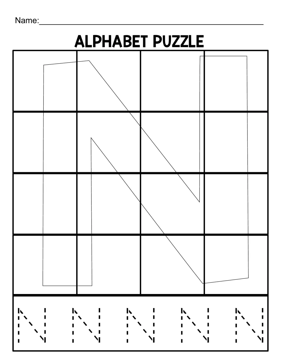 Uppercase N puzzle mat for assembling 16 cut pieces, with five dotted capital Ns for tracing practice.