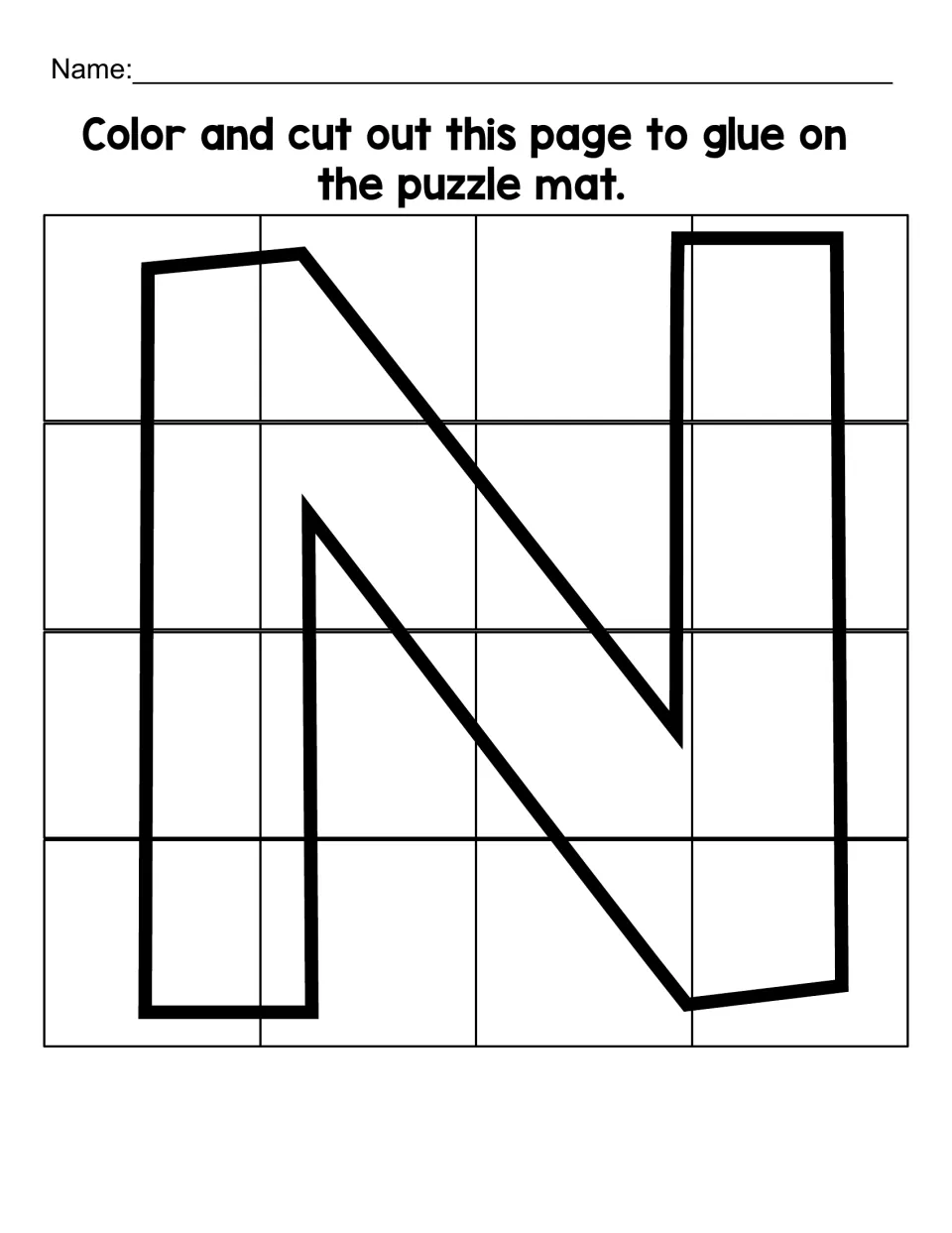Uppercase N template to color and cut into 16 puzzle pieces, then glue onto the matching letter N mat.