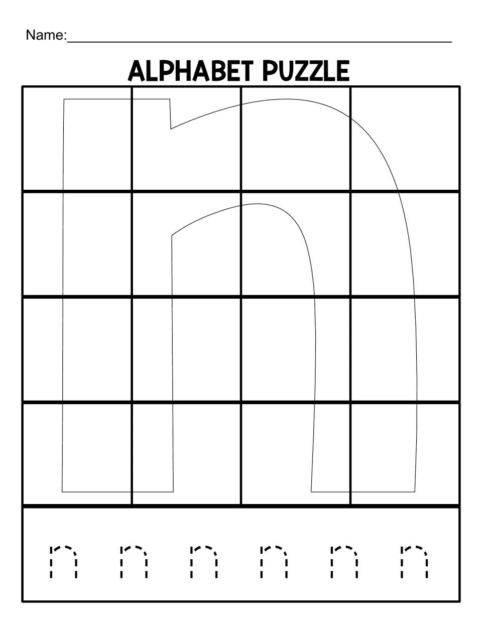 Lowercase n puzzle mat for assembling 16 cut pieces, with six dotted lowercase ns for tracing practice.