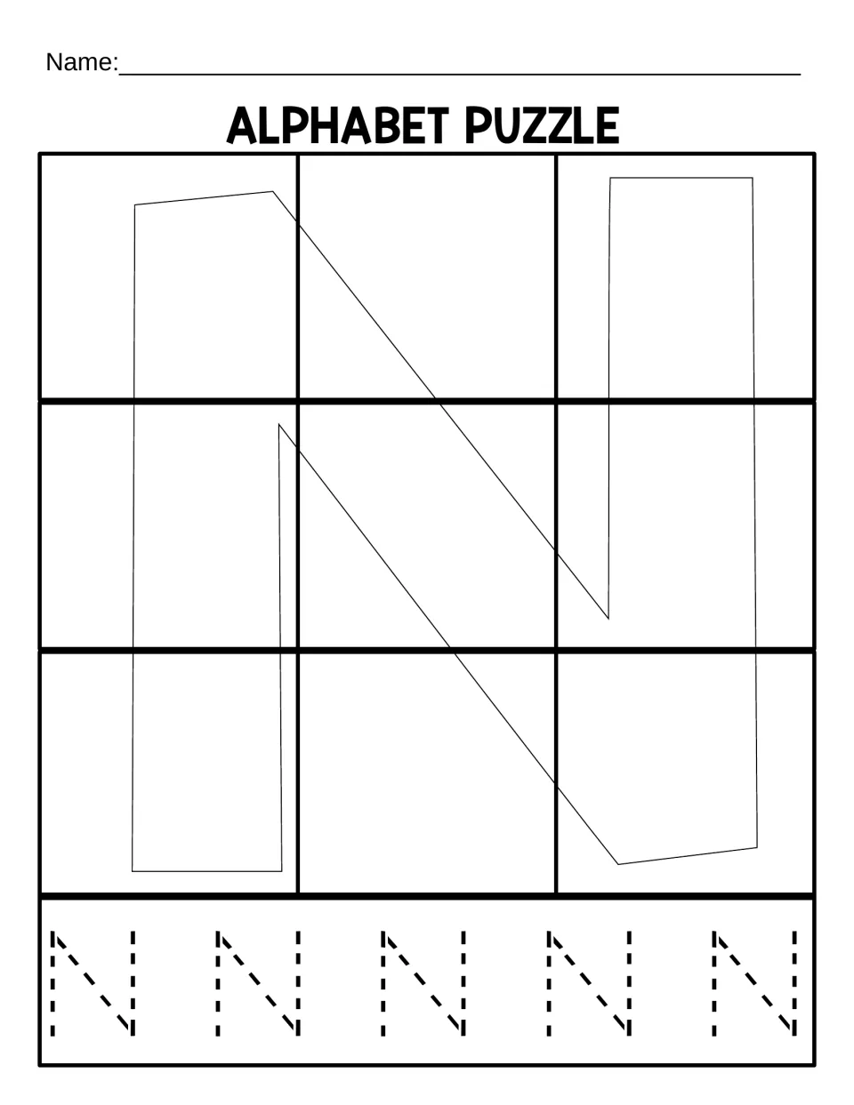 Uppercase N puzzle mat for assembling nine cut pieces, with five dotted capital Ns for tracing practice.