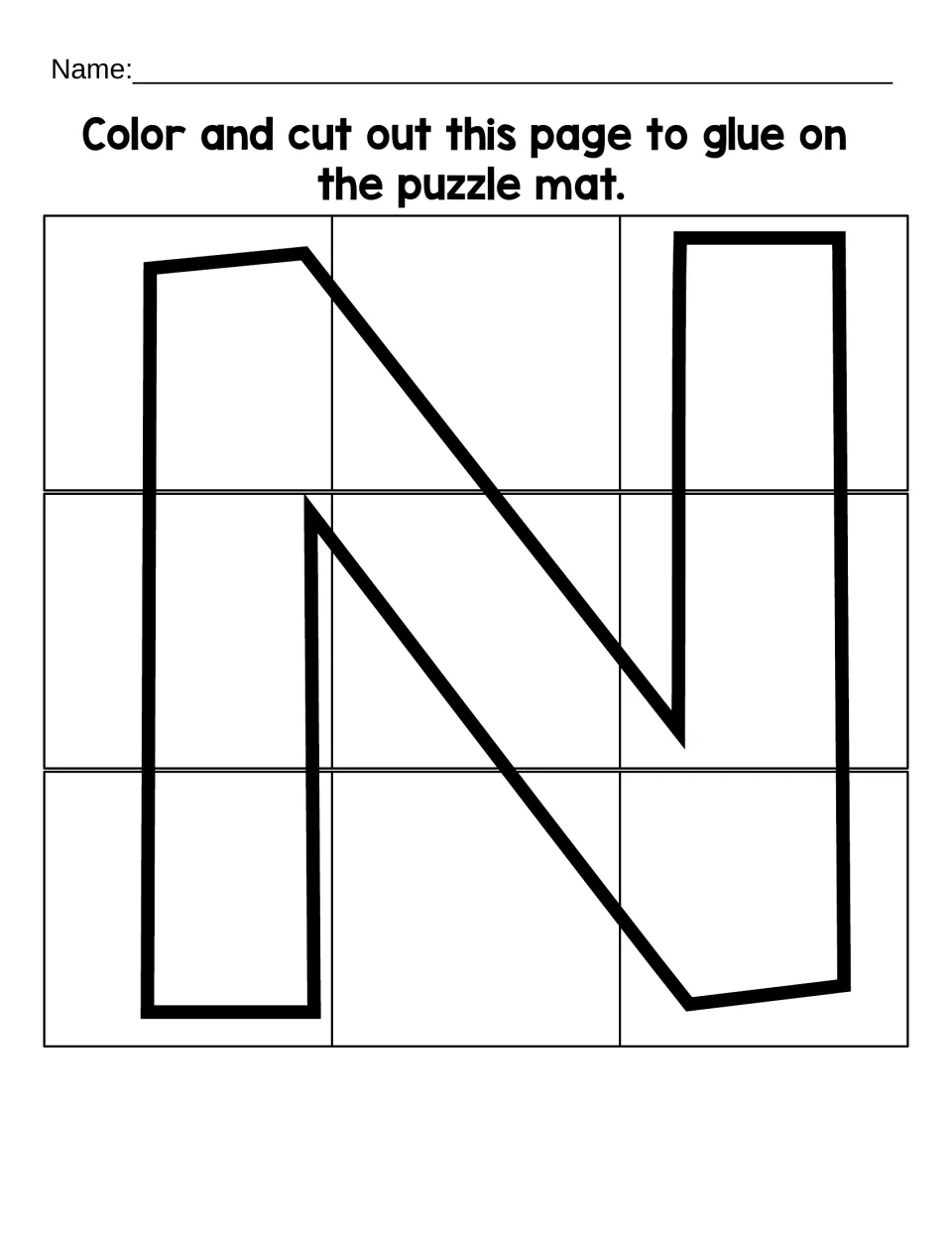 Uppercase N template to color and cut into nine puzzle pieces, then glue onto the matching letter N mat.