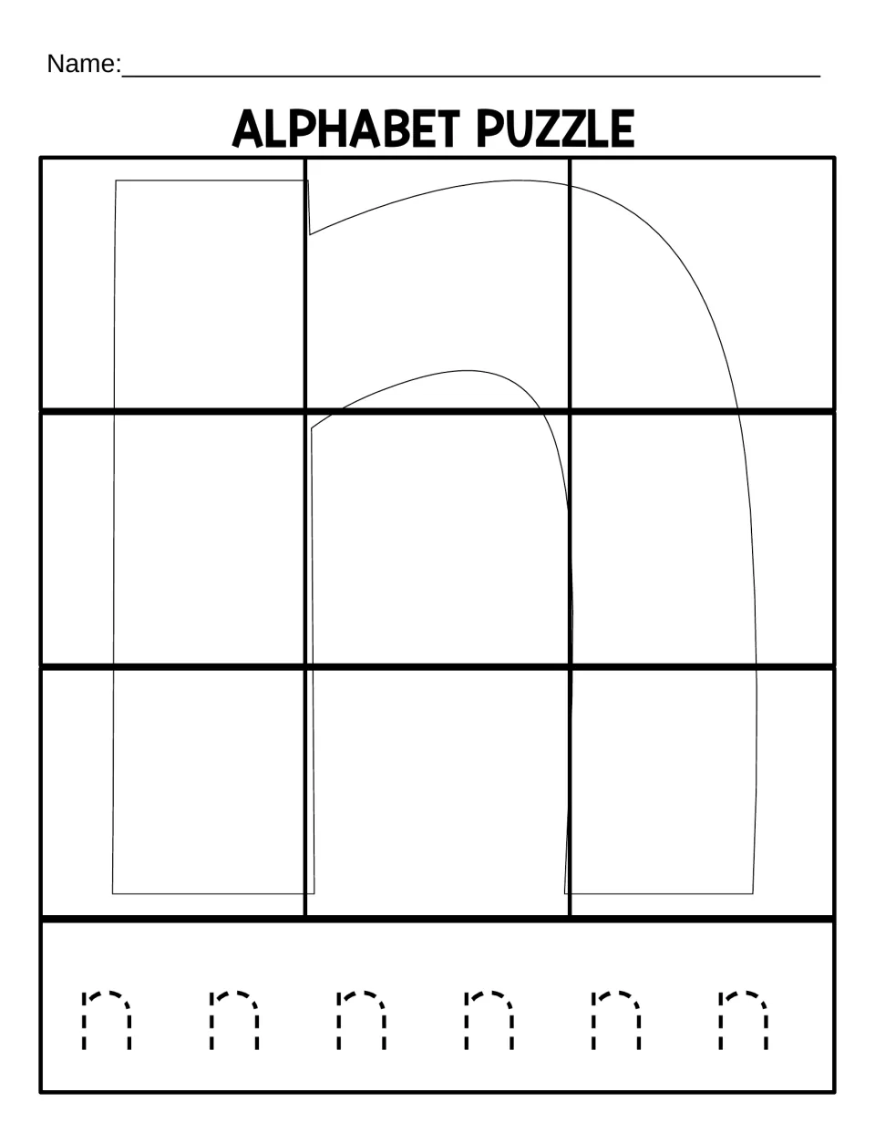 Lowercase n puzzle mat for assembling nine cut pieces, with six dotted lowercase ns for tracing practice.