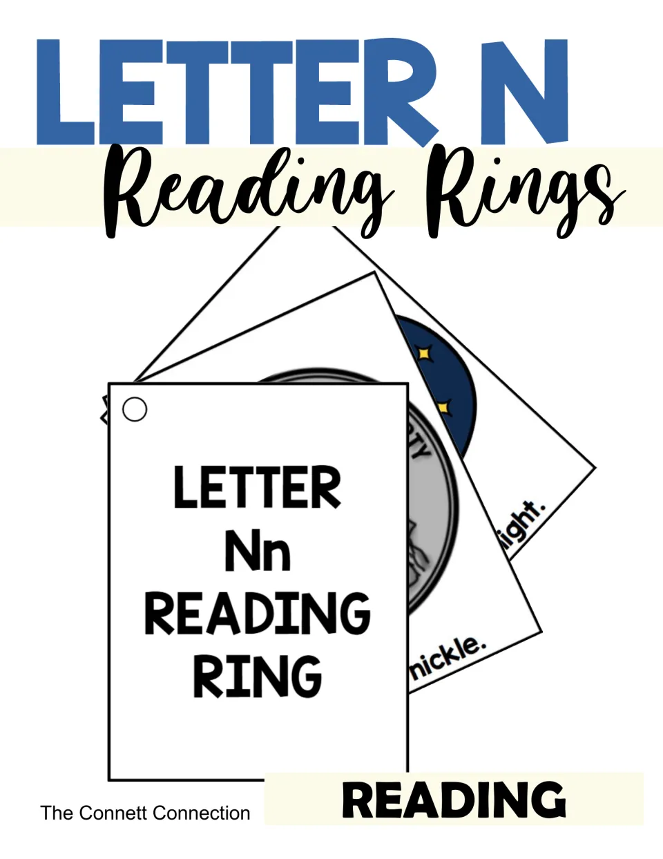 Letter N Reading Rings cover: fanned hole-punched picture cards showing the Nn title card plus nickel and night cards
