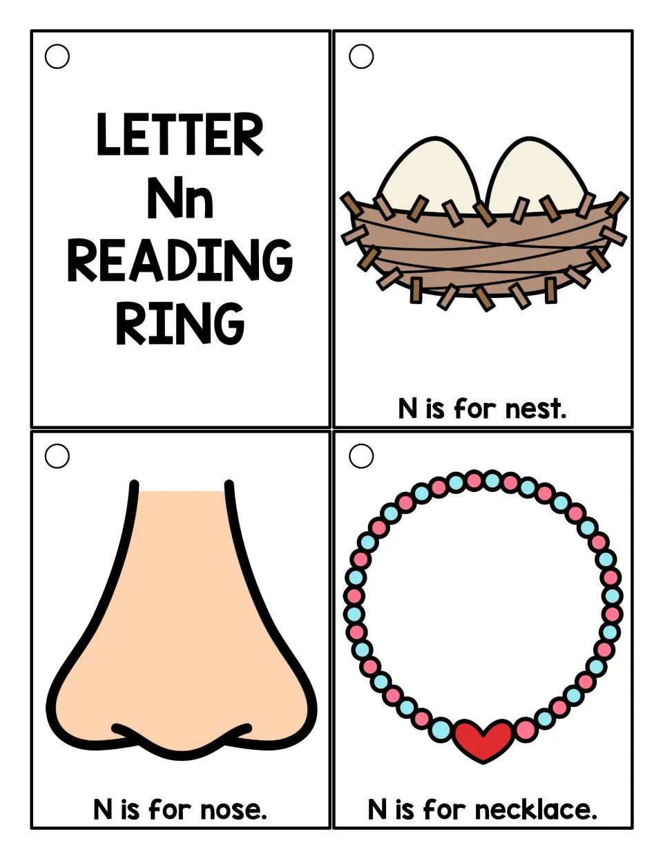 Letter N picture cards in color: Nn title card plus nest, nose and necklace cards, each with an 'N is for' sentence