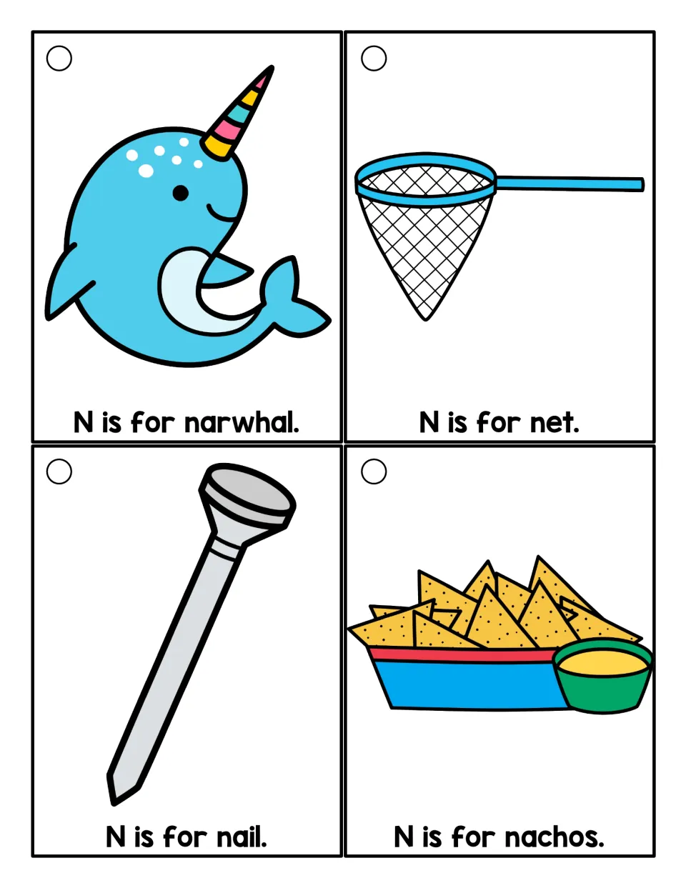 Beginning sound N color cards: narwhal, net, nail and nachos, each labeled with a simple 'N is for' sentence to read