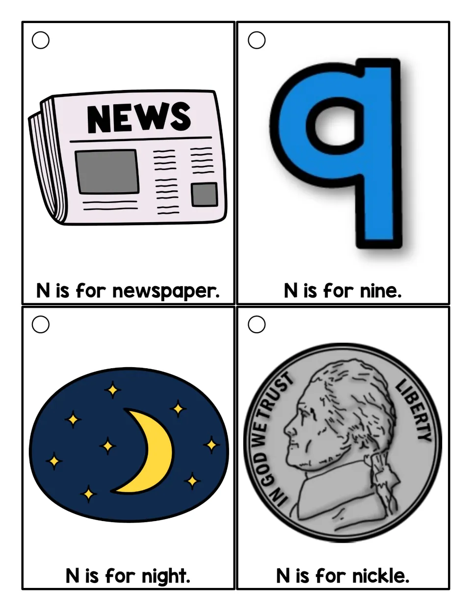 Initial N sound color cards: newspaper, number nine, night sky with moon and a nickel, each with an 'N is for' sentence