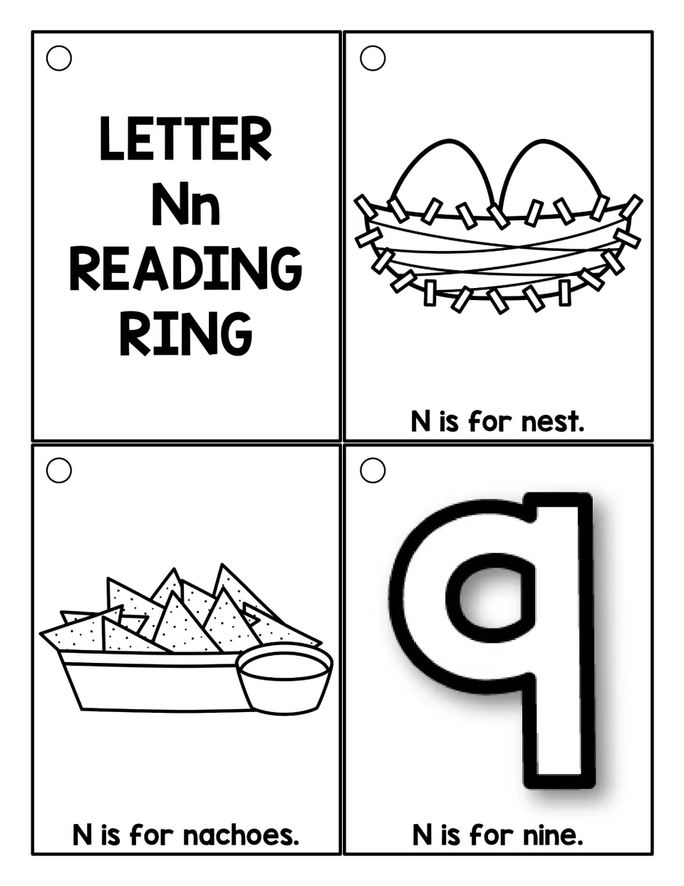 Black-and-white Nn cards to color: reading ring title card plus nest, nachos and nine, each with an 'N is for' sentence